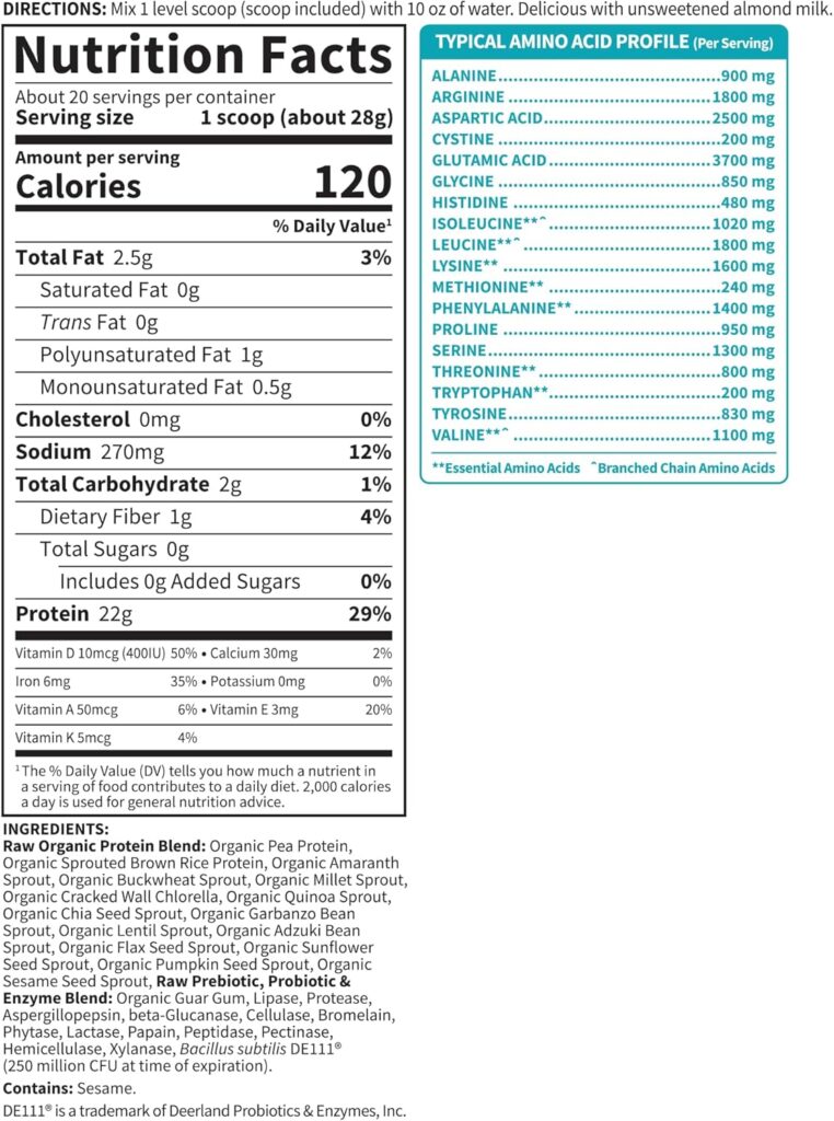 Organic Vegan Unflavored Protein Powder, Garden of Life 22g 1 Organic Vegan Unflavored Protein Powder